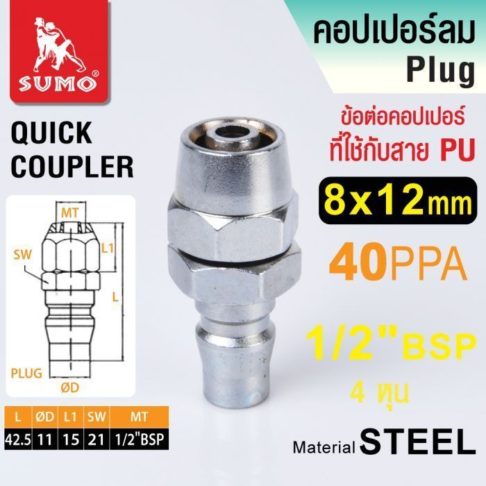 ข้อต่อคอปเปอร์ใช้กับสาย PU 40 PPA 8x12mm