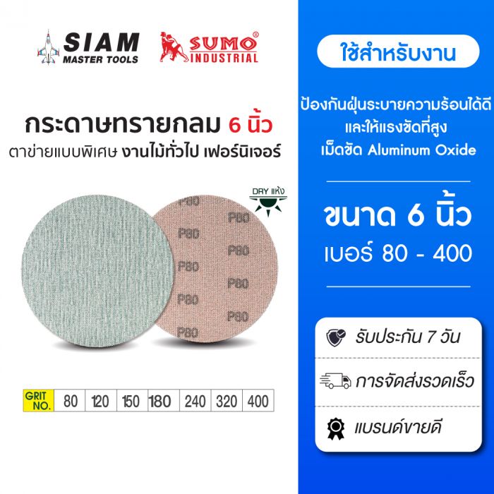 กระดาษทรายกลมแบบตาข่าย 6 นิ้ว เบอร์ 80 - 400 ป้องกันฝุ่นได้ดี ระบายความร้อน และให้แรงขัดที่สูง ติดง่ายด้วยตีนตุ๊กแก