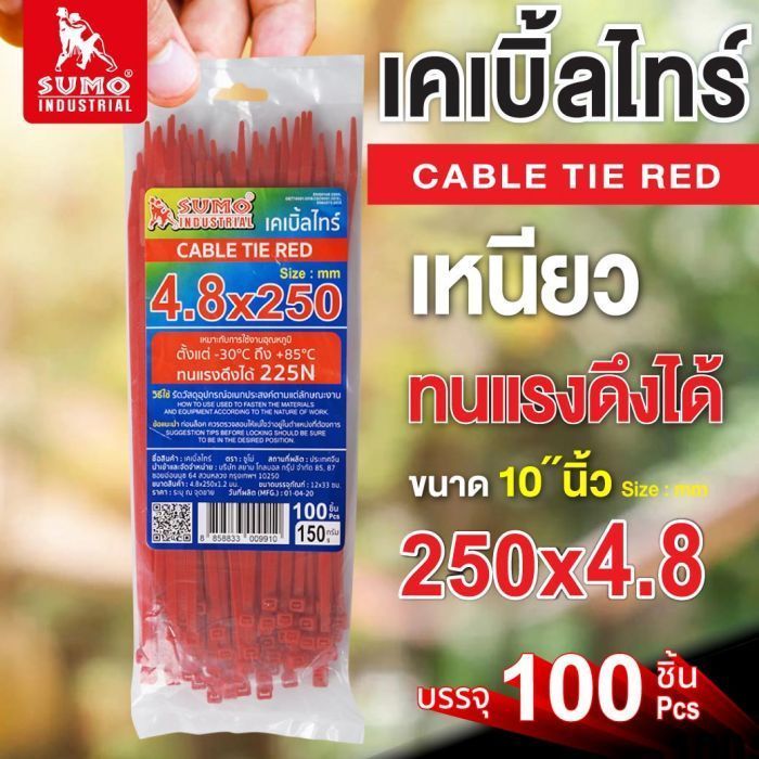 เคเบิ้ลไทร์ 250mm.(10")x4.8mm สีแดง