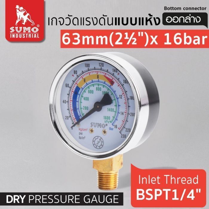 เกจวัดแรงดัน แบบแห้ง 63mm.x16barx1/4" ออกล่าง