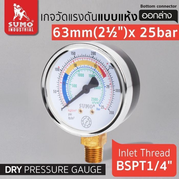 เกจวัดแรงดัน แบบแห้ง 63mm.x25barx1/4" ออกล่าง
