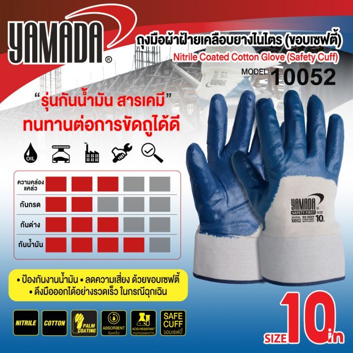 ถุงมือผ้าฝ้ายเคลือบยางไนไตร (ขอบเซฟตี้) 10" รุ่น 10052