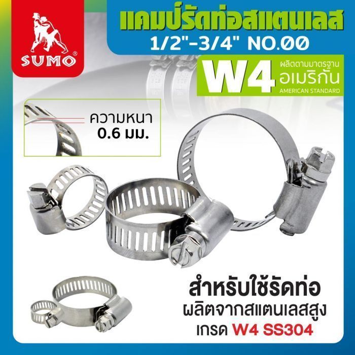 แคมป์รัด W4 (สแตนเลส อเมริกัน) 1/2"-3/4" No.00