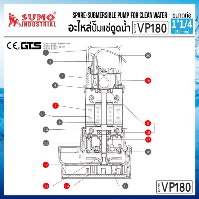 อะไหล่ ปั๊มแช่ดูดโคลน 1-1/4" รุ่น VP180 SUMO