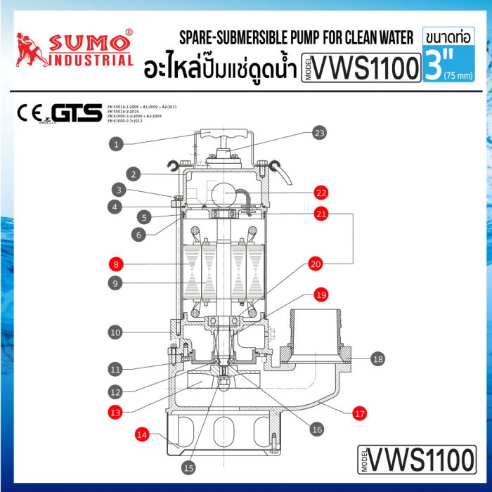 อะไหล่ ปั๊มแช่ดูดโคลน 3” รุ่น VWS1100 SUMO