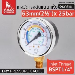 เกจวัดแรงดัน แบบแห้ง 63mm.x25barx1/4
