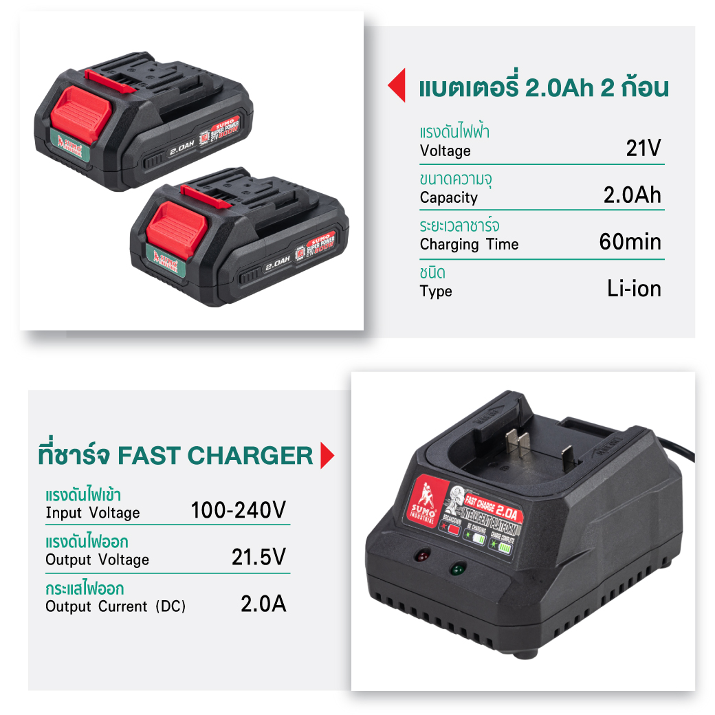 สว่านกระแทกไร้สาย 3 ระบบ รุ่น HDD2070 SUMO แถมแบตเตอรี่ 2.0Ah 21V 2 ก้อน พร้อมแท่นชาร์จ