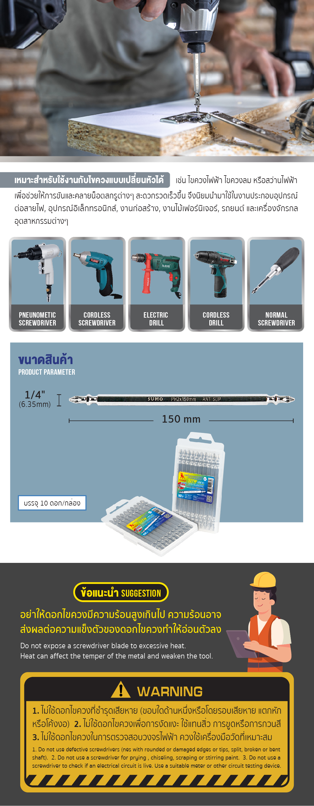 ดอกไขควงลมหัวกันลื่น H1/4x150LxPH2xPH2 SUMO ข้อมูลสินค้า