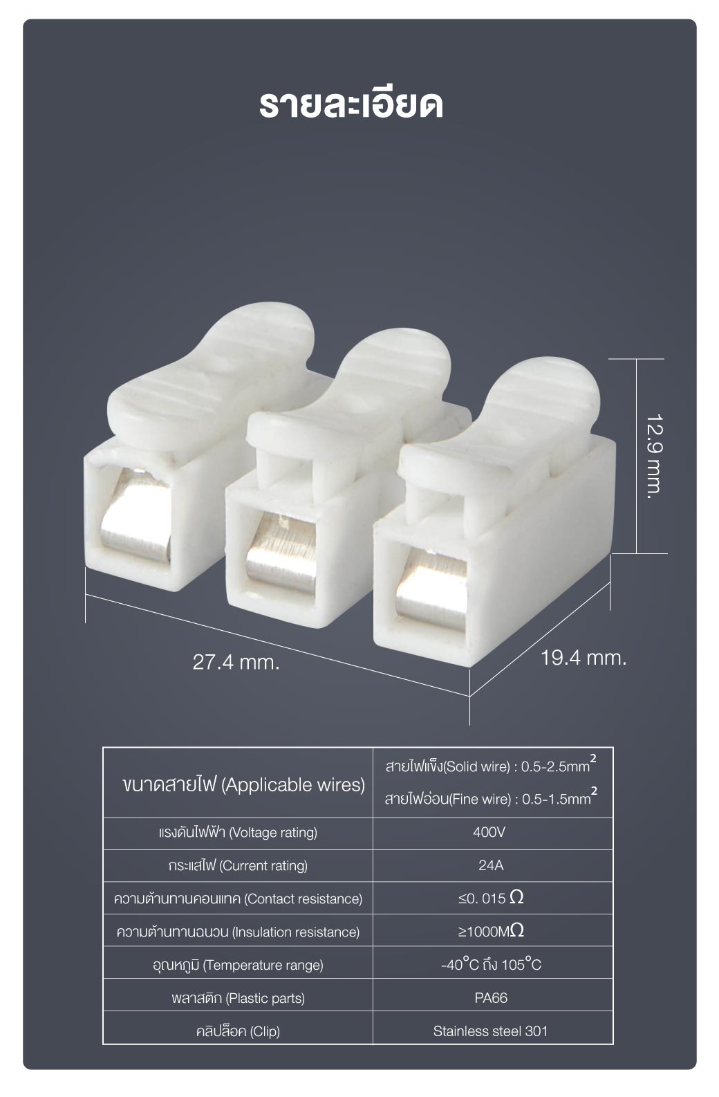 เต๋าหนีบสายไฟ 3 ช่อง 